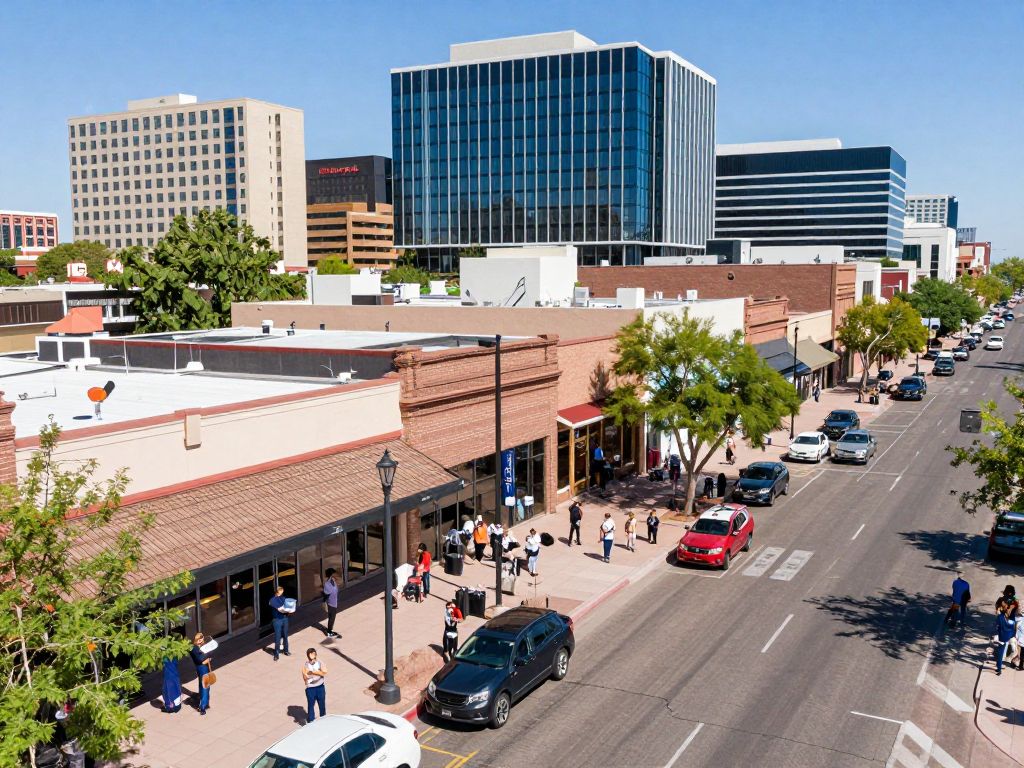 Illustration representing the economic growth in Phoenix with local businesses and community vibrancy.