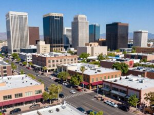 Cityscape of Phoenix, Arizona depicting economic growth and community engagement.