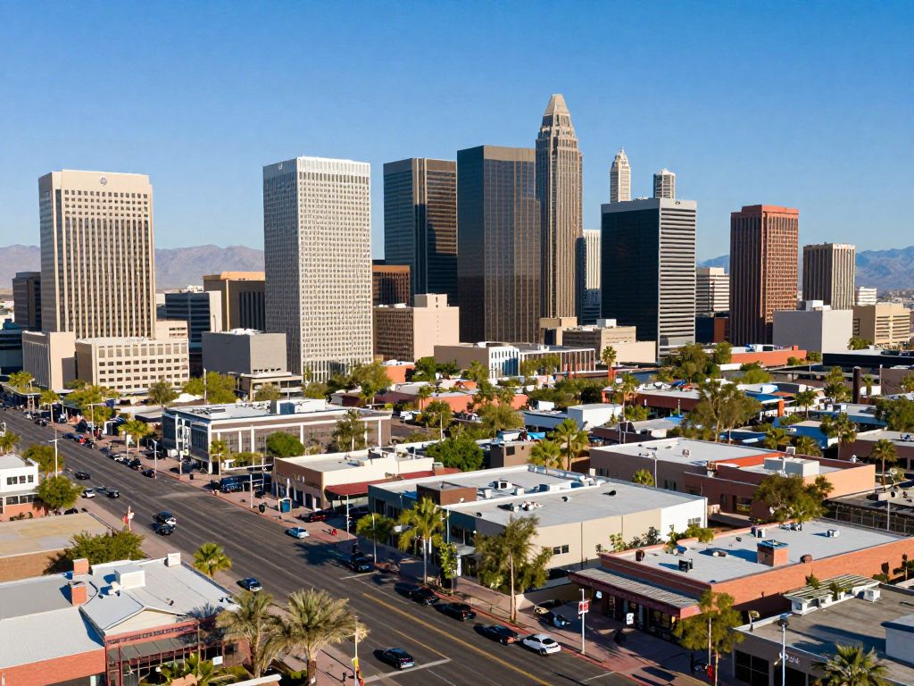 Skyline of Phoenix Arizona with bustling businesses