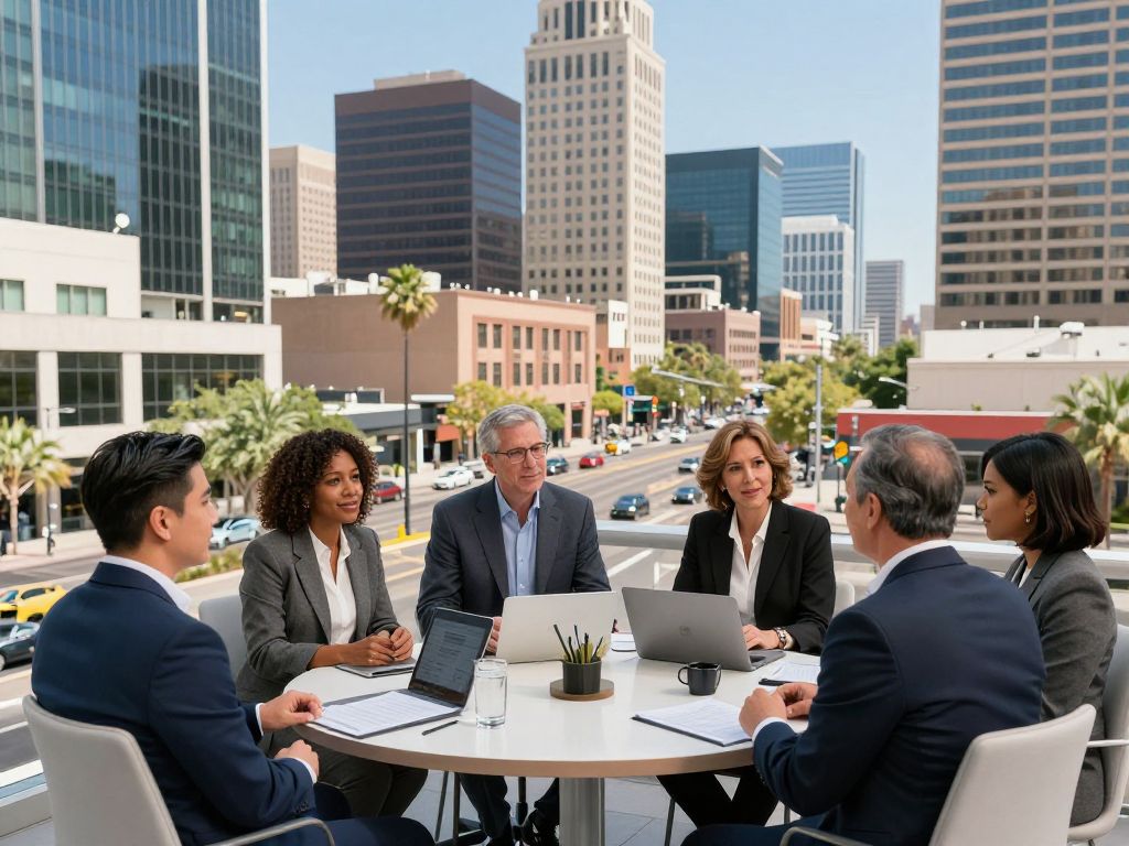 Cityscape of Phoenix with individuals of different generations collaborating in business
