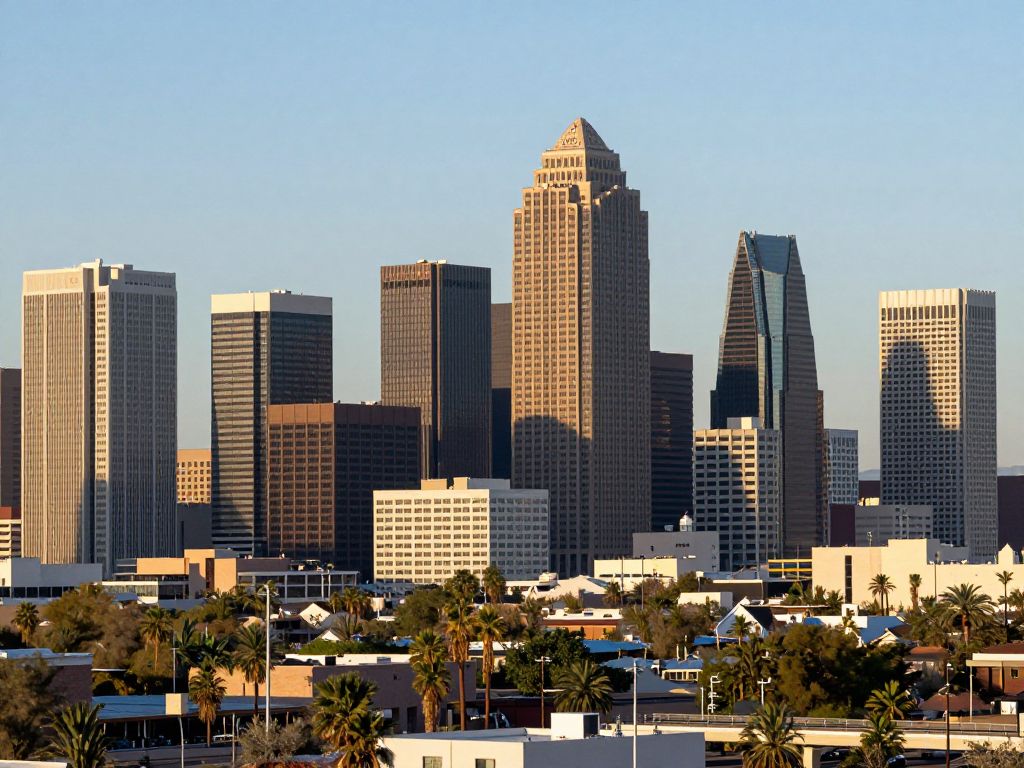 Urban skyline of Phoenix, Arizona with technology symbols illustrating economic growth.