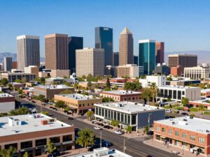 Downtown Phoenix skyline symbolizing economic growth and innovation.