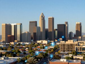 Skyline of Phoenix with business signs indicating growth and innovation.