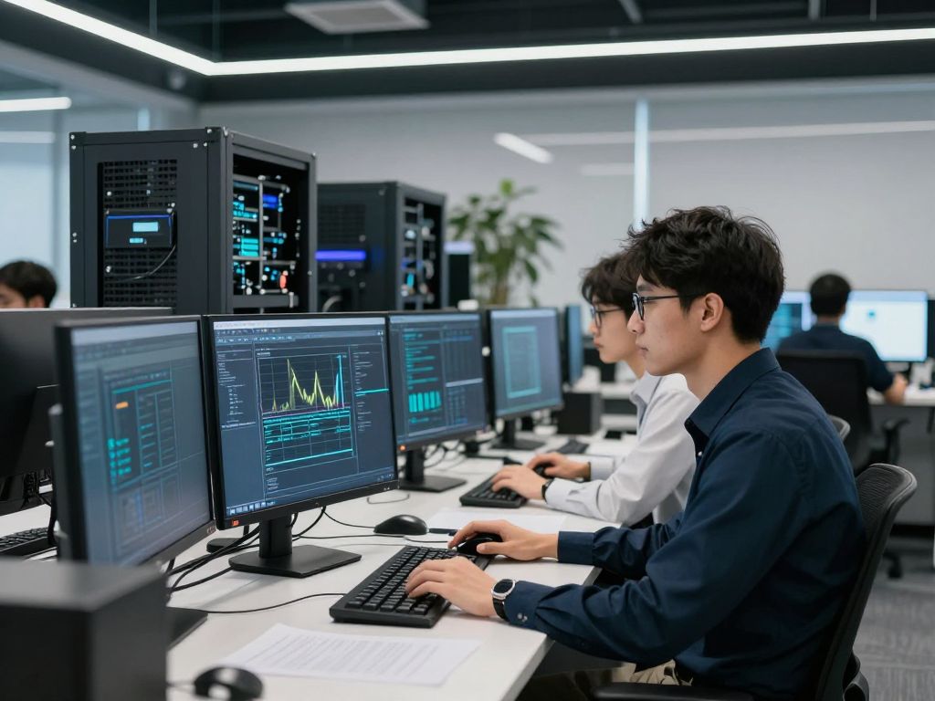 Professionals working on cybersecurity solutions in an office setting.