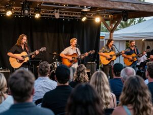 Local musicians performing at the Phoenix Folk Fest Showcase with an enthusiastic crowd.