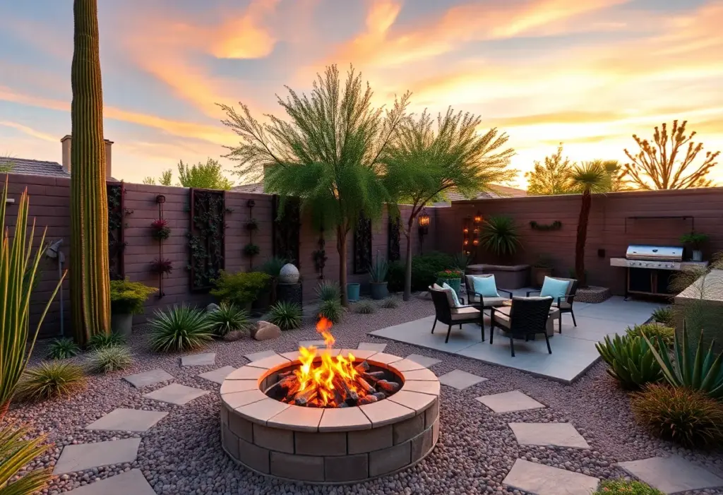 Beautiful outdoor decor in a Phoenix garden with native plants and a fire pit