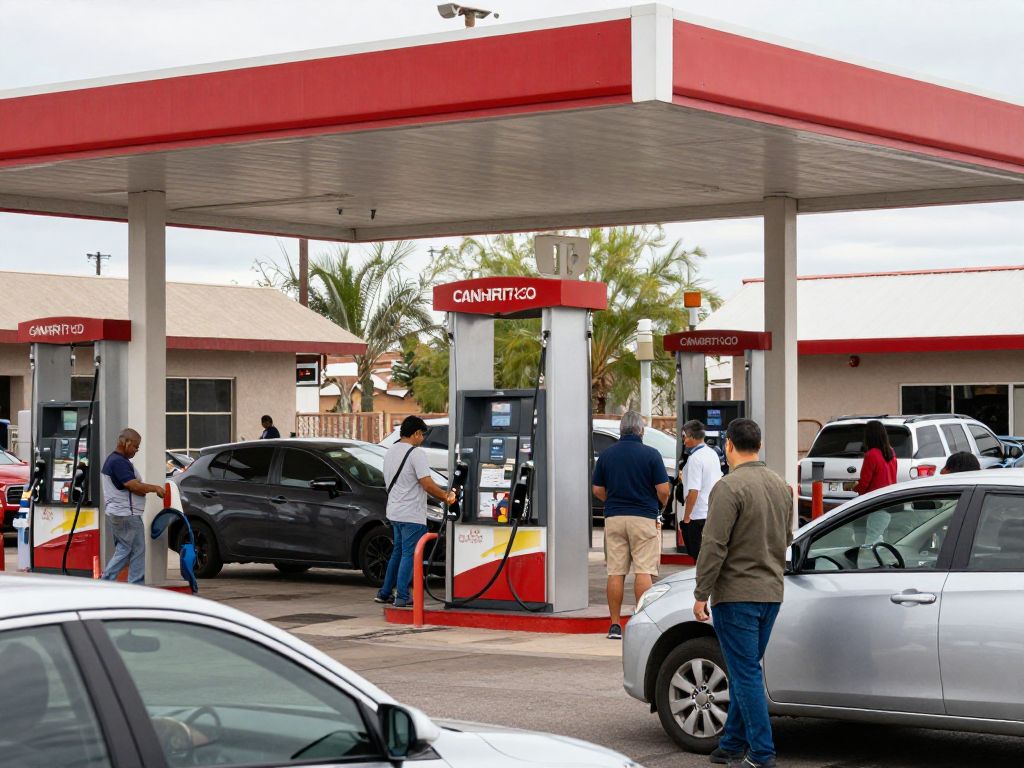 Scene outside a gas station in Phoenix, with people engaging peacefully.