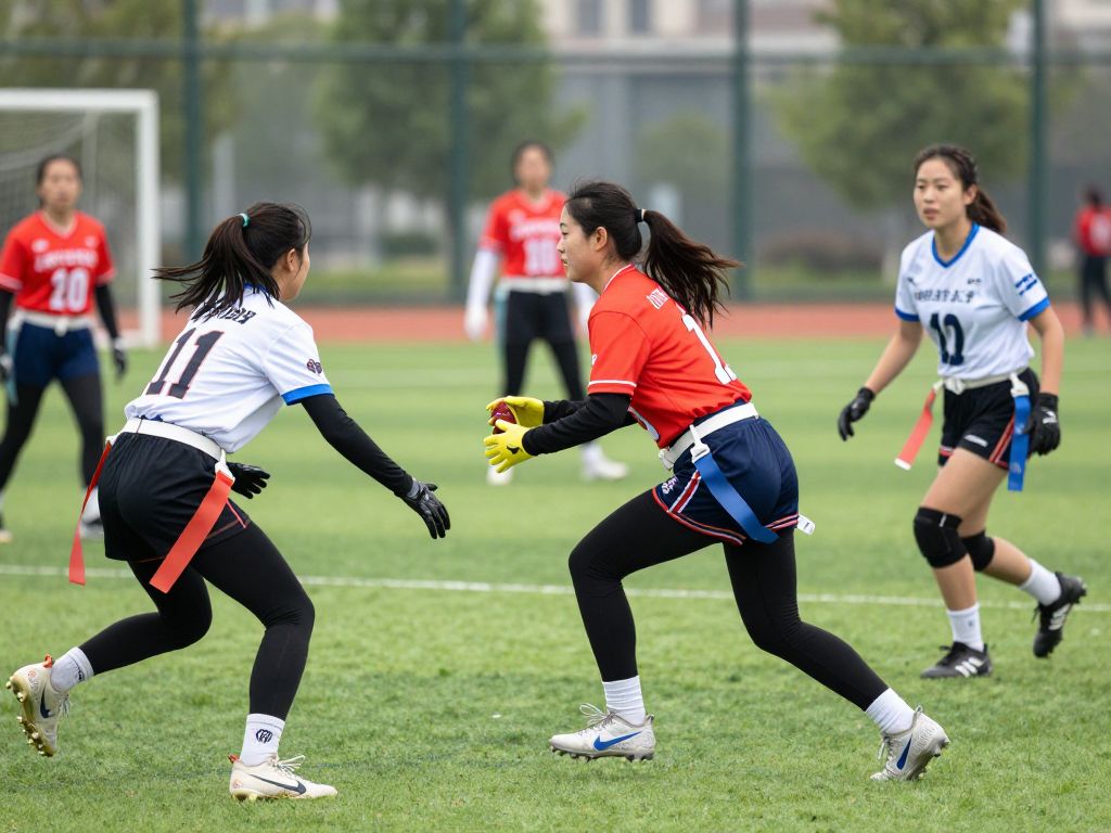Athletes playing girls flag football on a green field in Phoenix