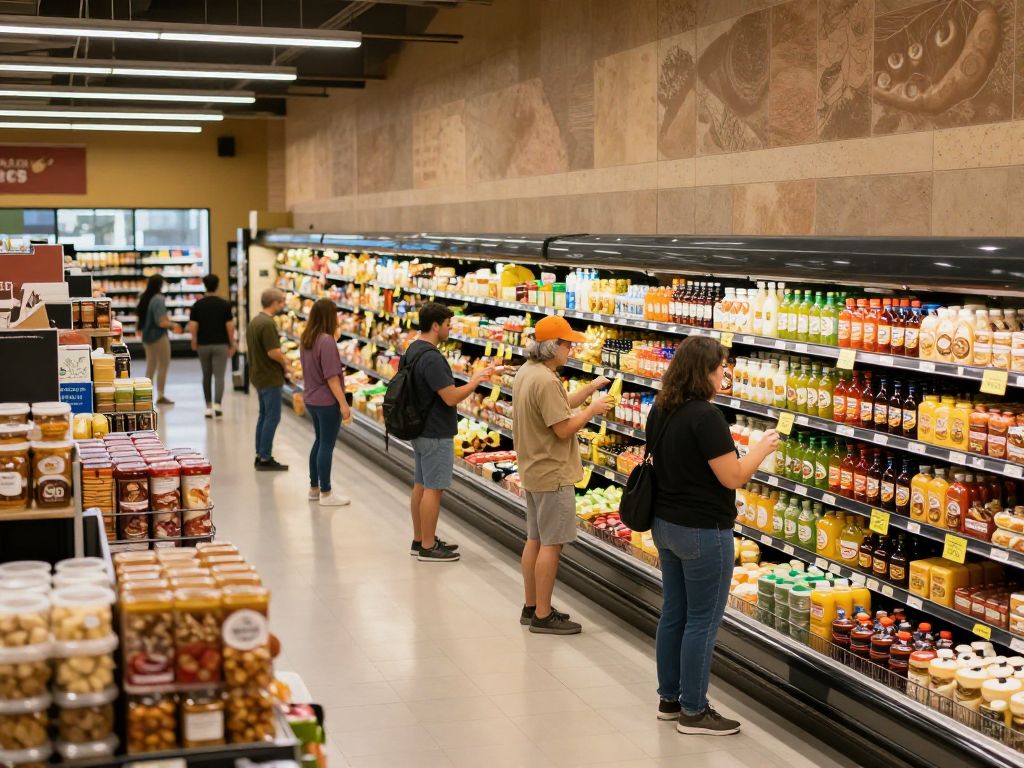 Shoppers in a Phoenix grocery store examining food prices.
