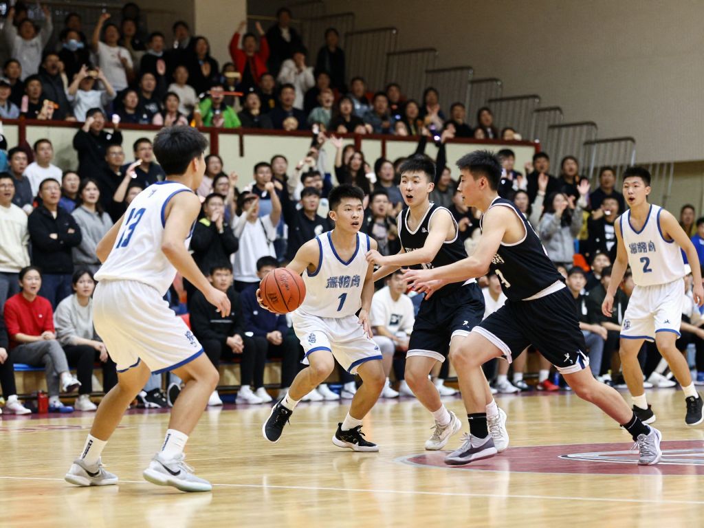 Players competing in a high school basketball game, showcasing teamwork and enthusiasm.