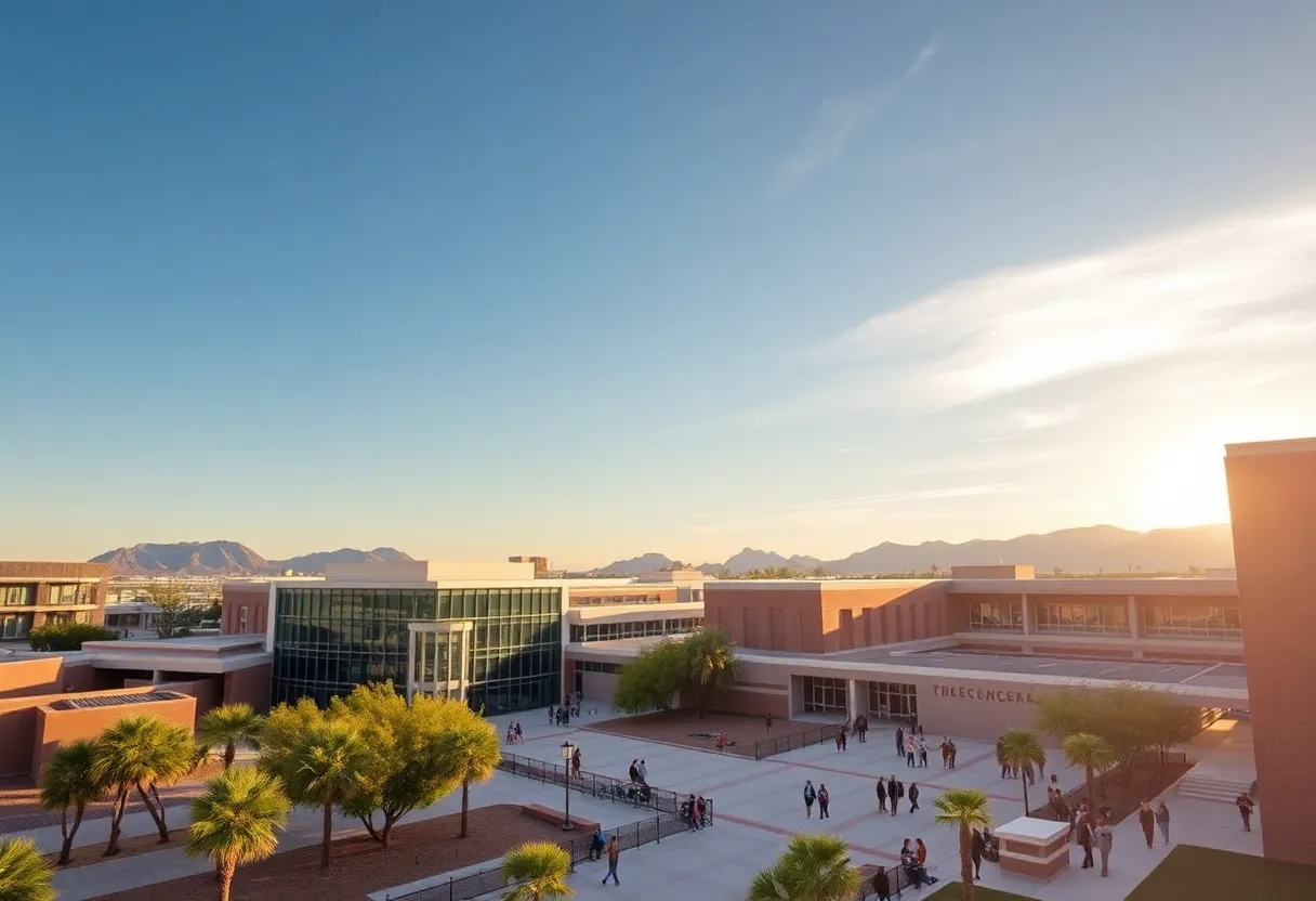 Exterior of a top high school in Phoenix with students engaged in activities.