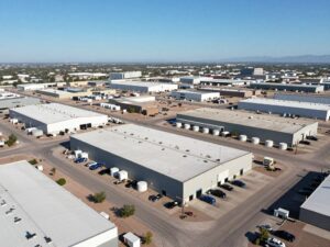 Aerial view of an industrial property in Phoenix showing warehouses and outdoor storage.