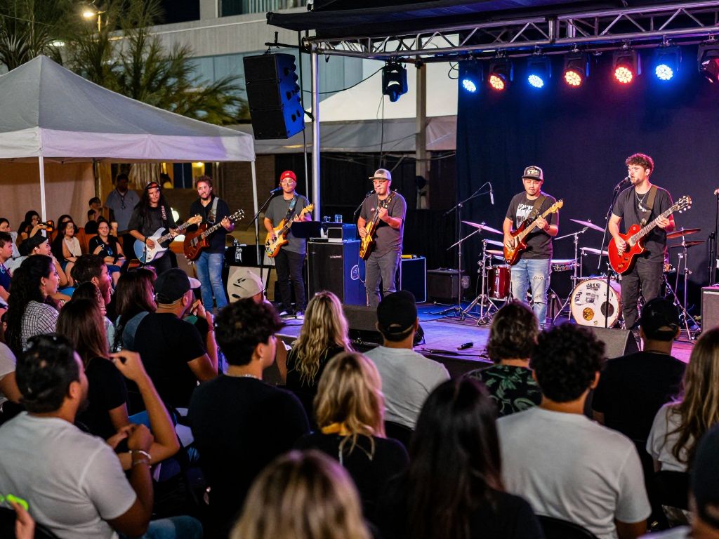 Concert scene in Phoenix showcasing various artists and a lively audience