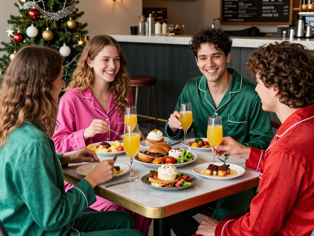 Guests enjoying a cozy pajama party brunch at Match Market & Bar