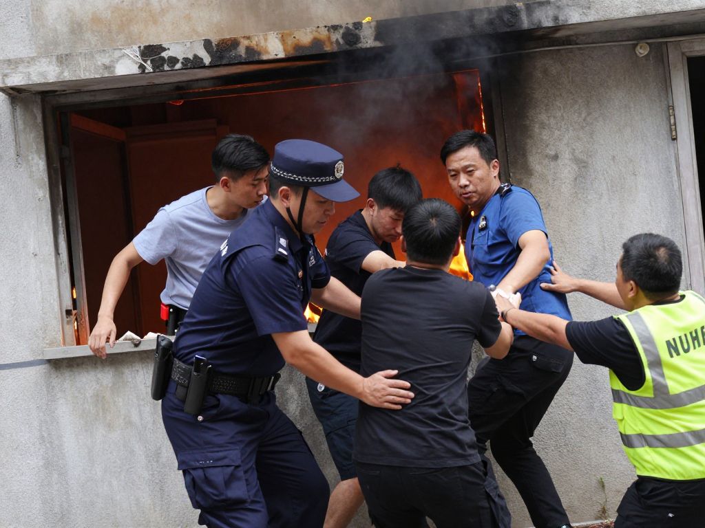 Police officer rescuing individuals from a fire