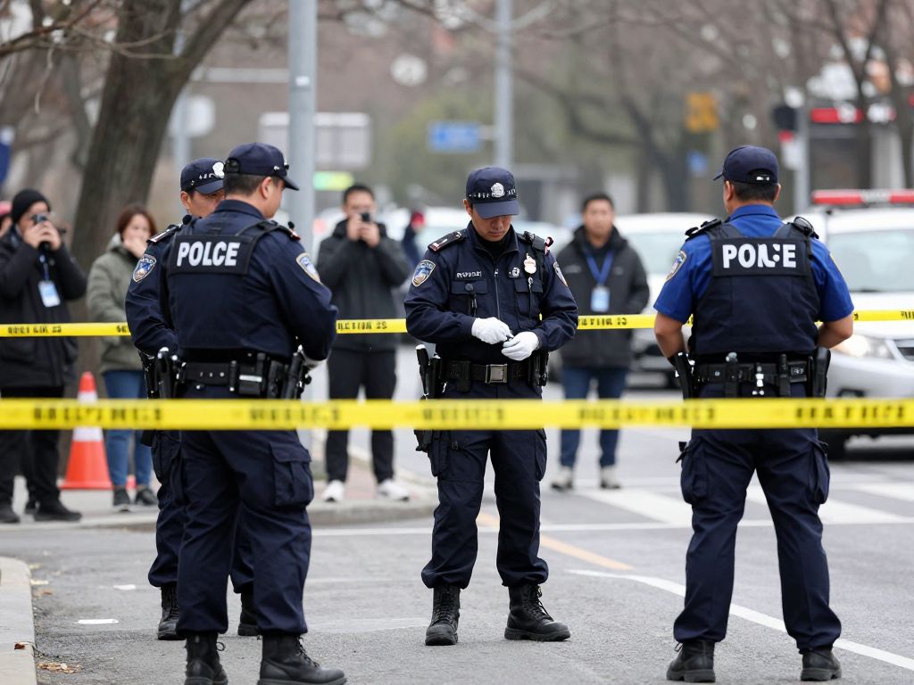 Police investigating a crime scene in Phoenix with officers, tape, and a crowd of onlookers.