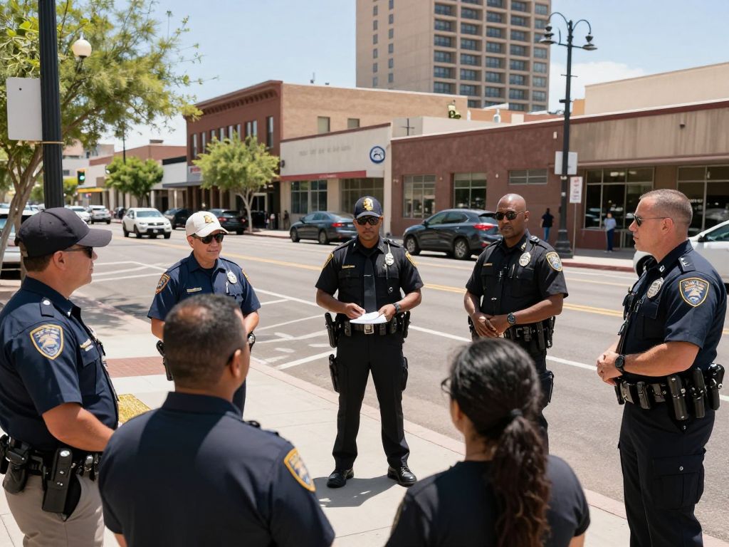 Phoenix city street with law enforcement discussing public safety.