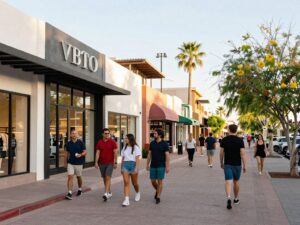 A vibrant retail area in Phoenix with shoppers and diverse storefronts.