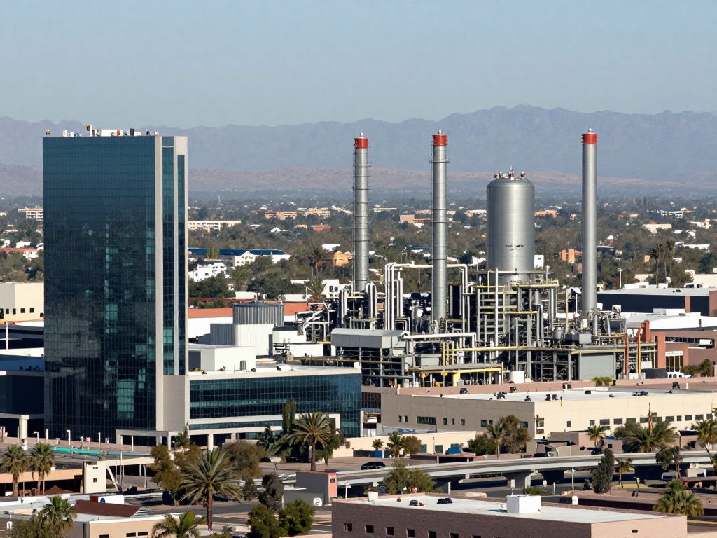 A view of Phoenix's skyline featuring semiconductor manufacturing facilities.