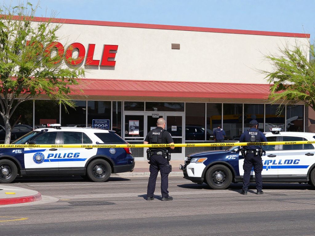 Police officers at a crime scene in north Phoenix strip mall following a shooting incident.