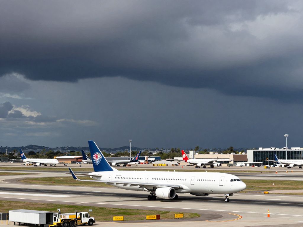 Storm clouds over Phoenix Sky Harbor with airplanes on the tarmac