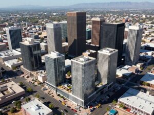 Aerial view of the Phoenix skyline with new construction projects symbolizing economic growth.