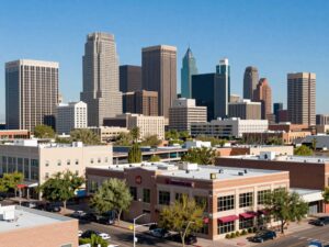 A skyline view of Phoenix AZ emphasizing local community banks and entrepreneurial spirit.