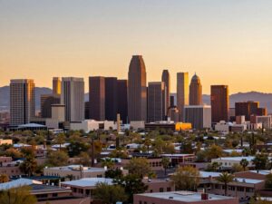 Scenic view of Phoenix AZ skyline showcasing business areas
