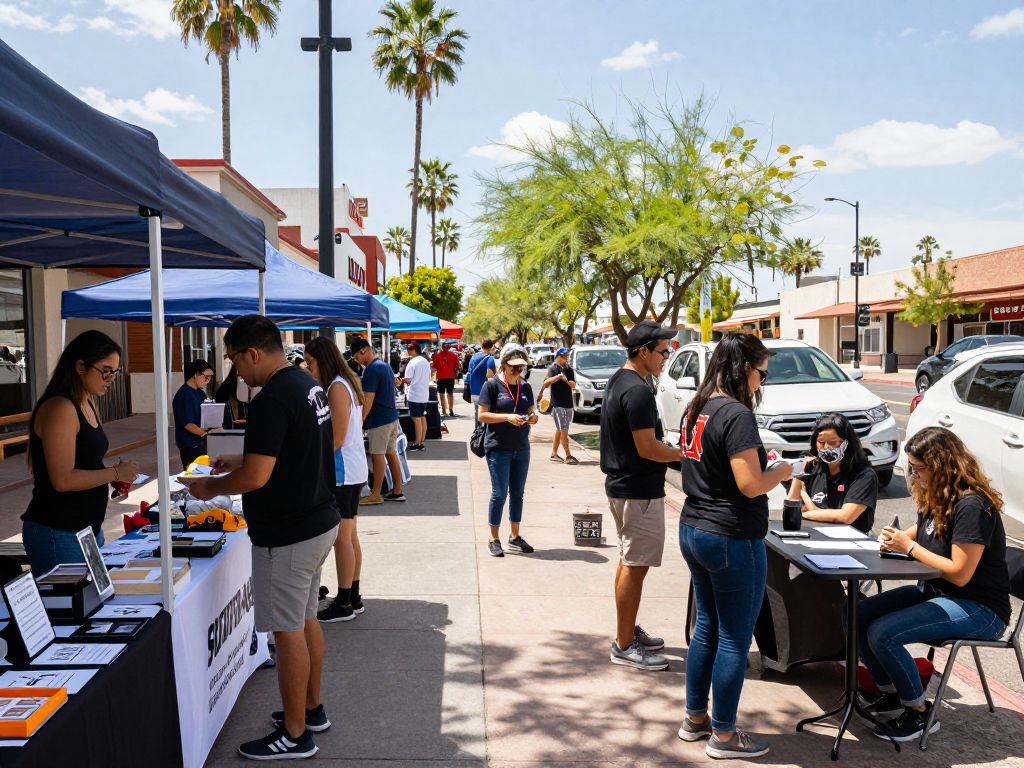 View of small businesses in downtown Phoenix, Arizona, bustling with activity.