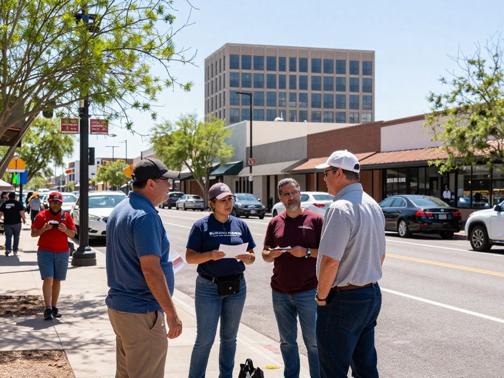 Community members in Phoenix discussing SNAP changes while shopping at a local market.