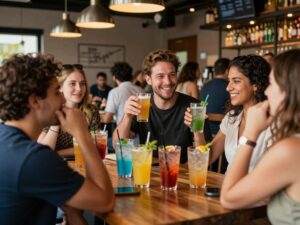 People enjoying non-alcoholic beverages in a lively Phoenix setting.