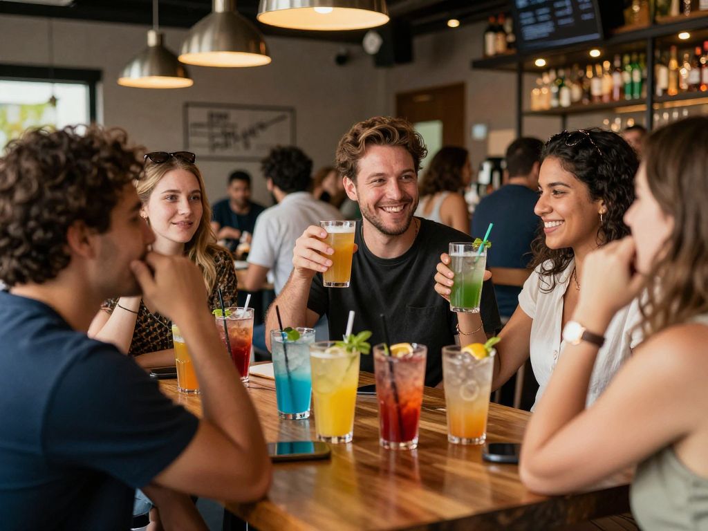 People enjoying non-alcoholic beverages in a lively Phoenix setting.