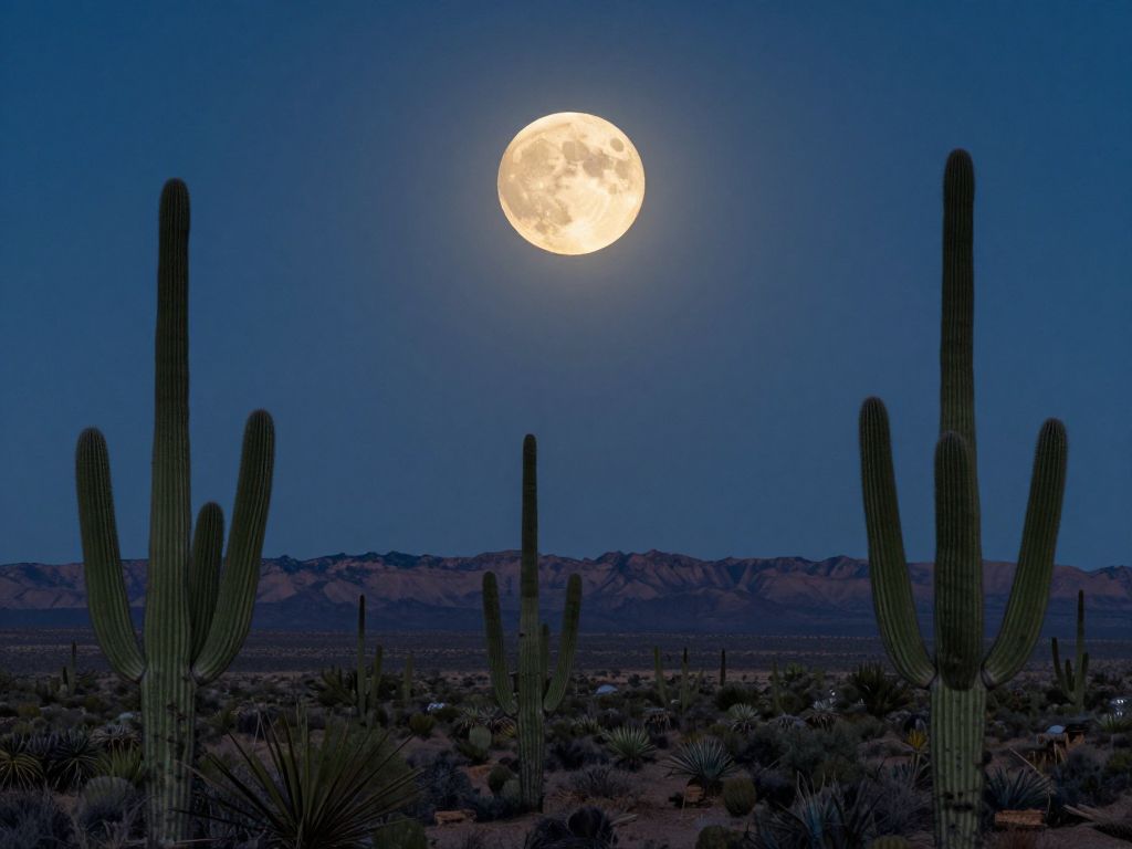 Bright supermoon over Arizona desert with cacti