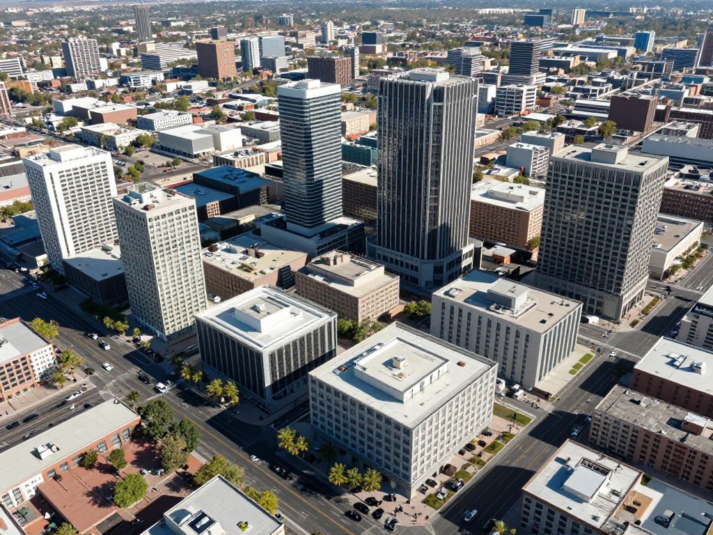 Aerial view of Metro Phoenix showing modern buildings and technology sectors
