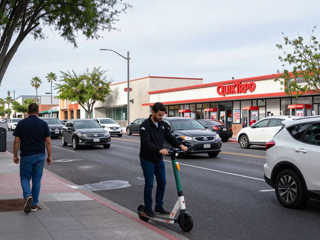 Urban traffic scene in Phoenix showing cars and e-scooters.