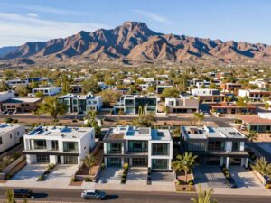 Aerial view of luxury properties in Phoenix with Camelback Mountain in the background.