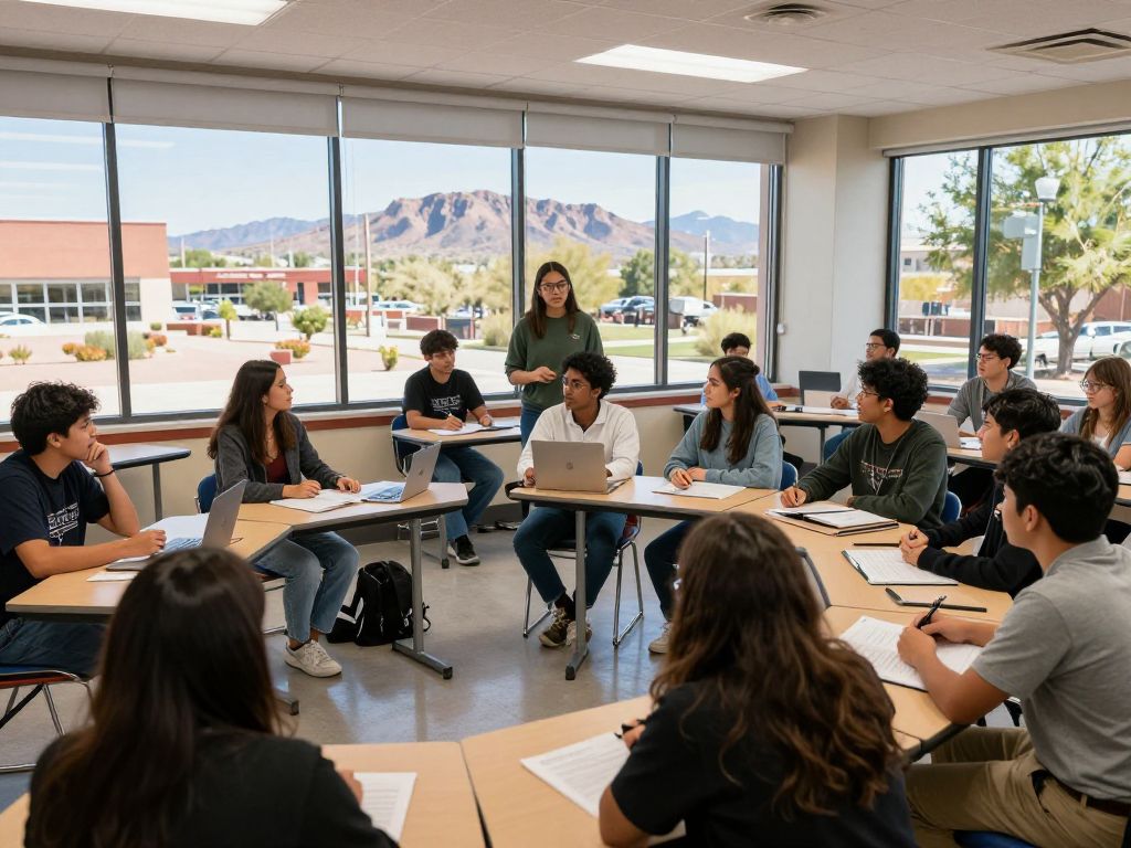 Students discussing psychology concepts in a classroom setting on a college campus in Arizona.
