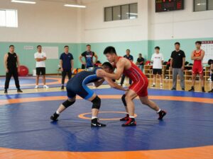 Wrestlers training at Rincon High School, showcasing teamwork and determination