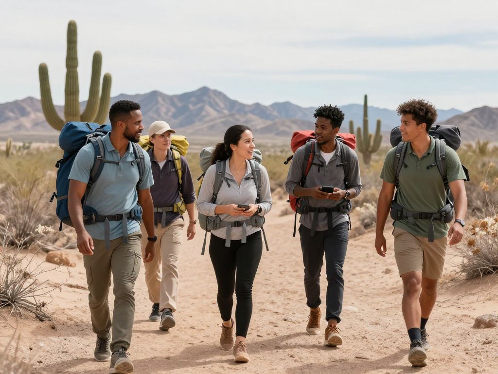 Professionals participating in Rise & Ruck walking and networking in the desert.