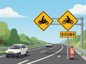 Highway with traffic signs promoting road safety and emergency services.