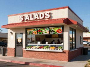 Exterior view of a Salad and Go restaurant with drive-thru in Arizona.
