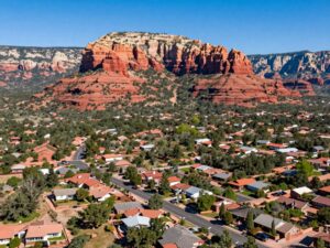 Aerial view of Sedona, Arizona highlighting the housing landscape.