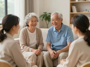 Families receiving guidance from senior care professionals in a supportive environment