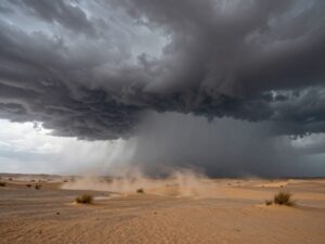 Storm clouds over a desert landscape indicating severe weather conditions