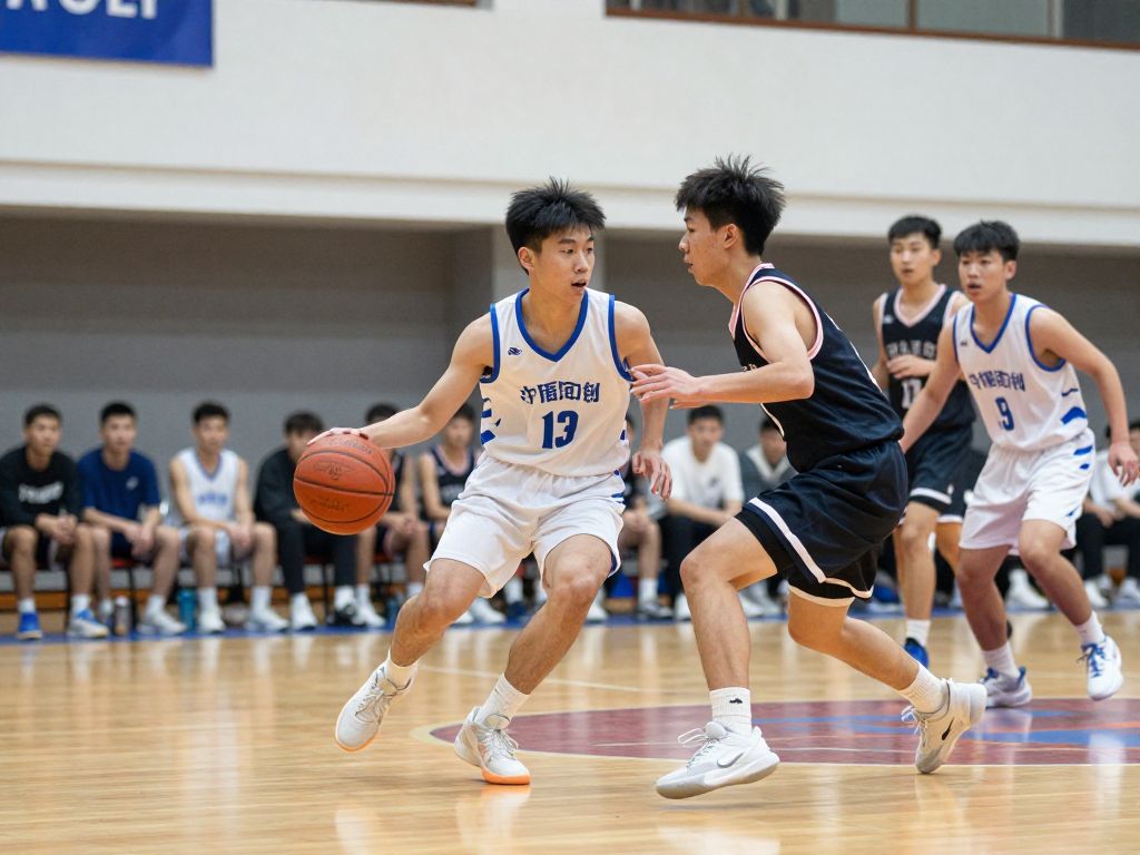 Players competing in a high school basketball game