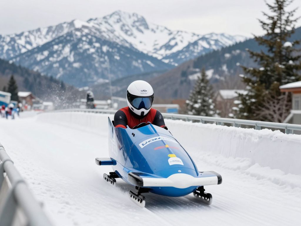 Athlete training for bobsleigh in a winter setting.