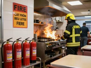 Firefighter in a restaurant kitchen after a grease fire incident