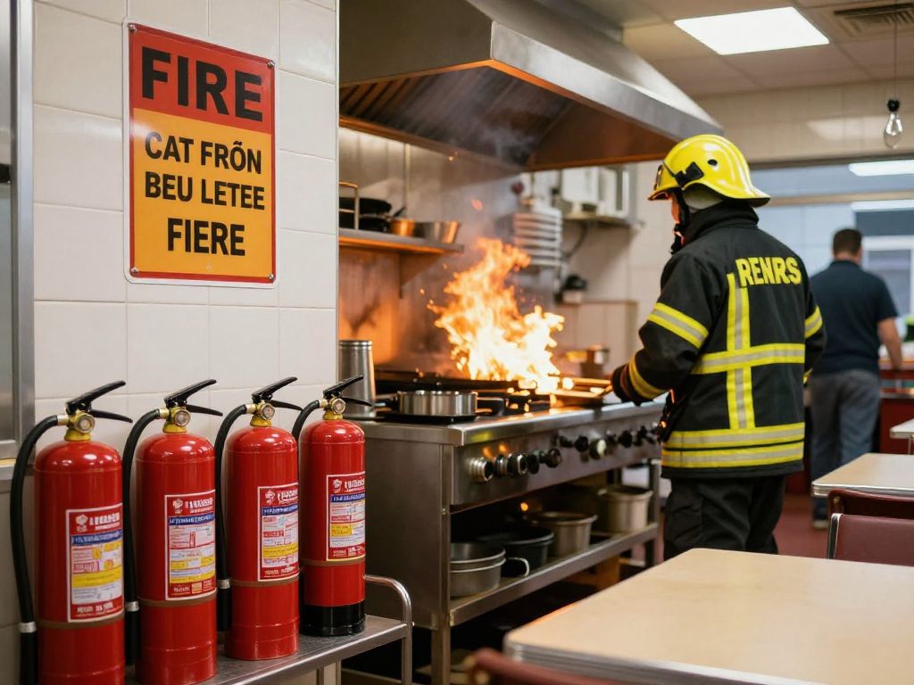 Firefighter in a restaurant kitchen after a grease fire incident