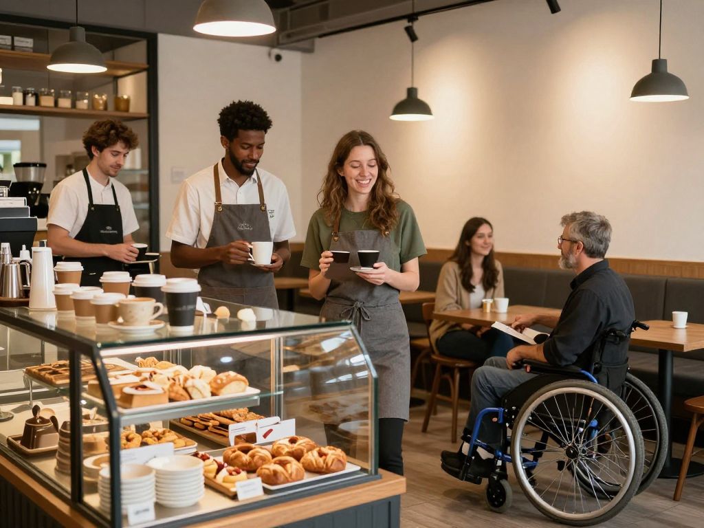 Interior of Spencer's Place coffee shop with diverse employees