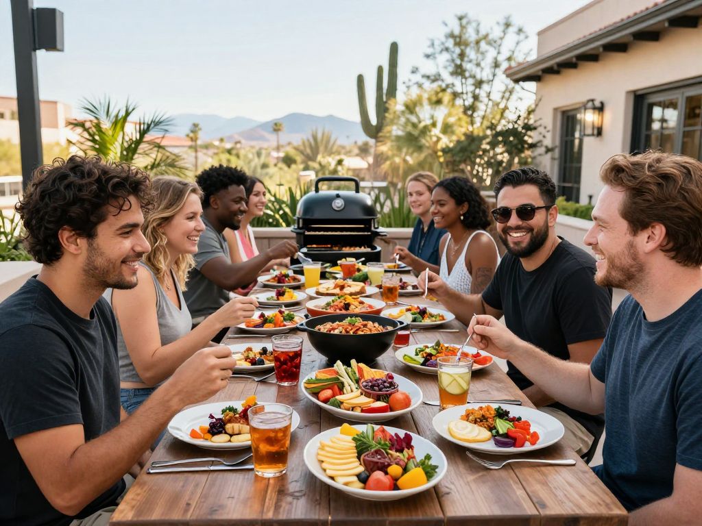 Patrons enjoying the Sunday Smokeout event with barbecue dishes at Adobe Bar & Grille in Phoenix.